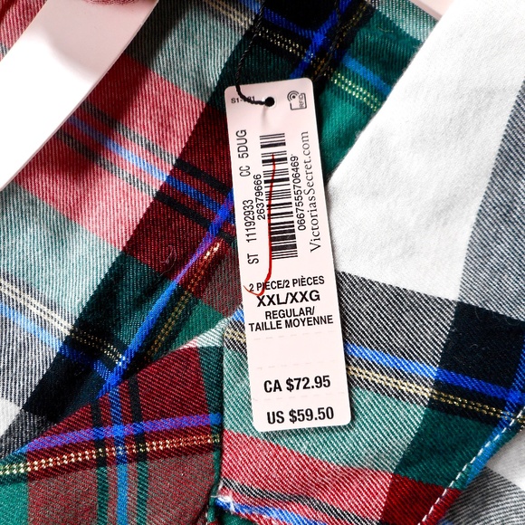 NWT Victoria Secret Flannel Pajama Set XXL 3pc Lounge White Red Green Plaid - Picture 4 of 12